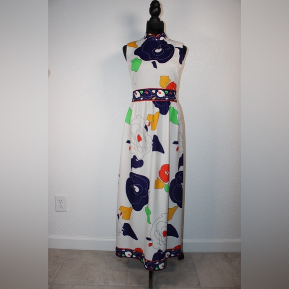 Vintage 70s Ricano Mod Maxi Dress | Sleeveless High Neck | Bold Floral Print | S - Picture 1 of 14